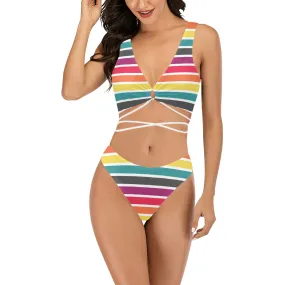 6 COLOR PALLETTE STRIPED FITTED SKIRT PRINT Cross String Bikini Set (Model S29)