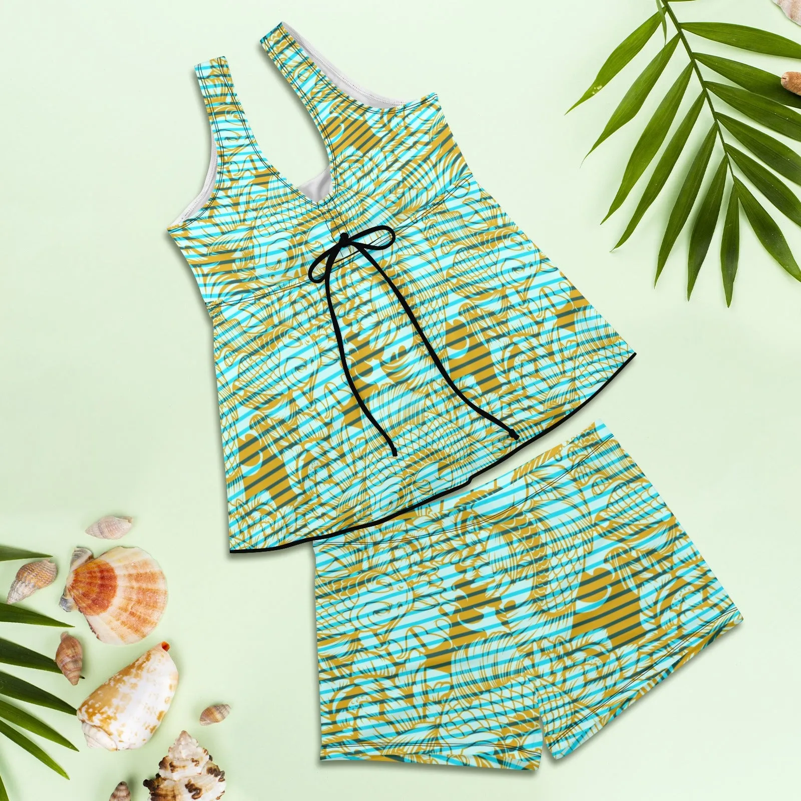 asian fish print Women's Vest Skirt Split Swimsuit (Model S47)