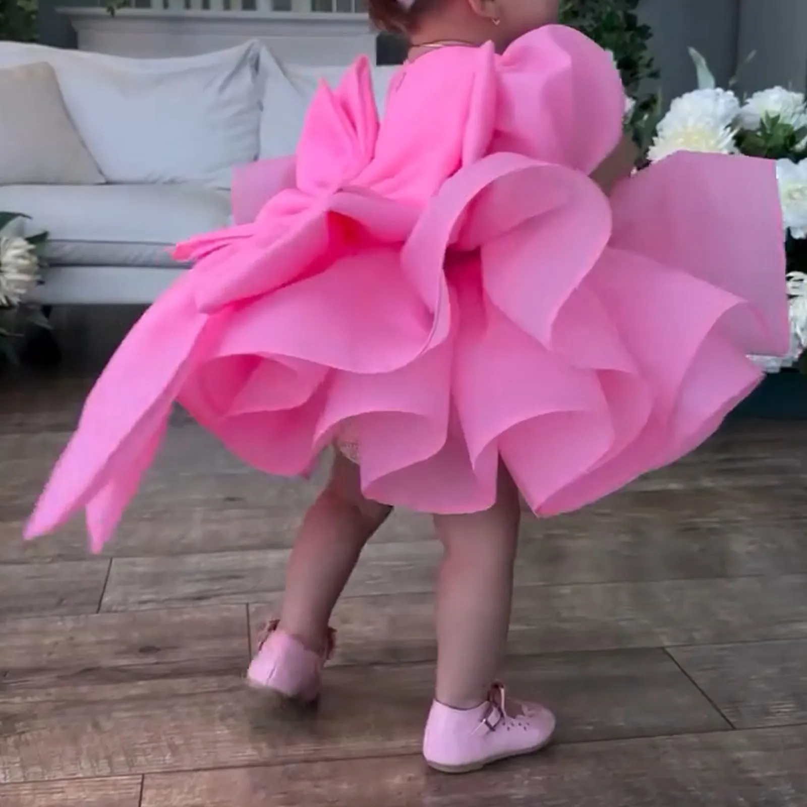 Big bow Baby birthday party puff sleeve tail cute girl princess dress can customizable colors