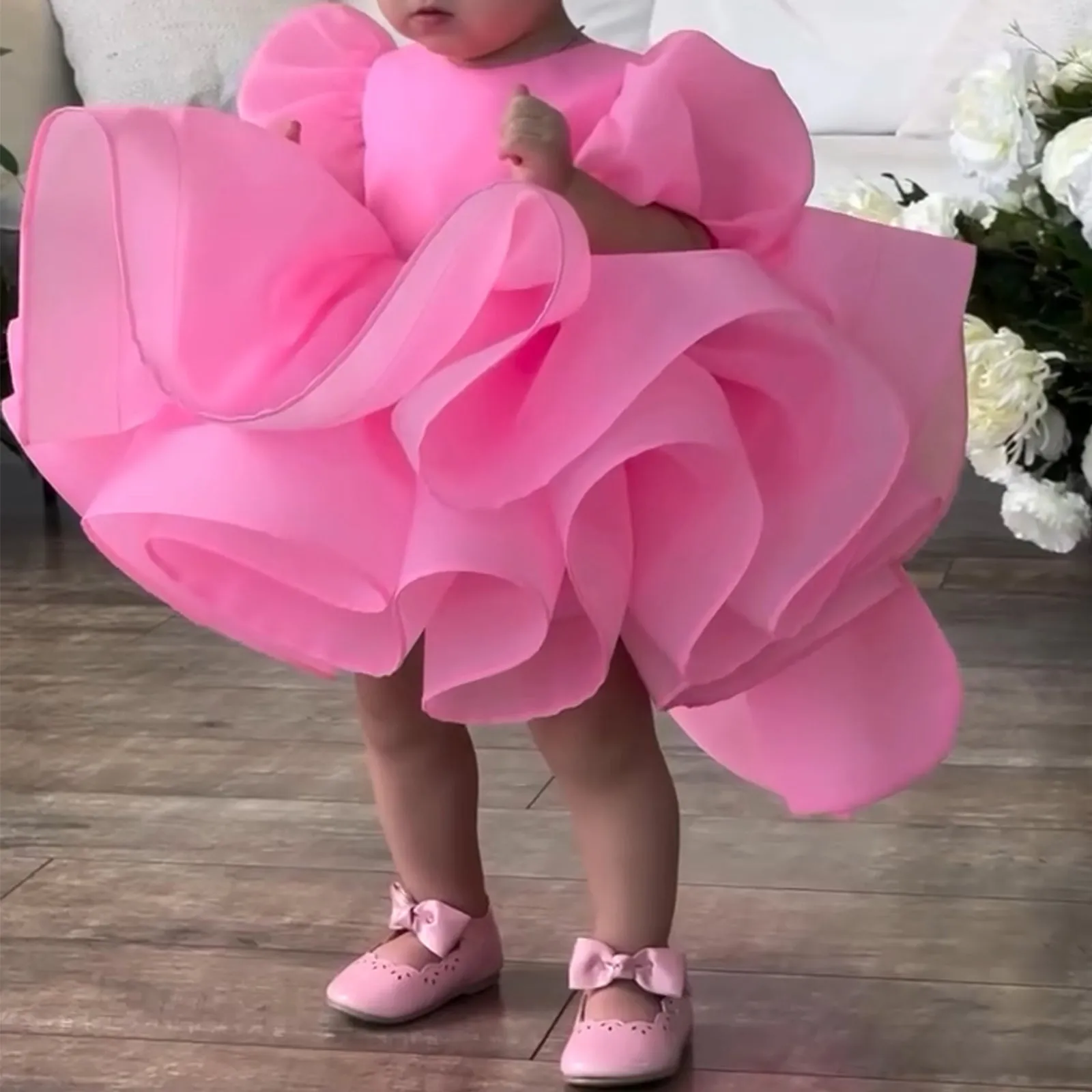 Big bow Baby birthday party puff sleeve tail cute girl princess dress can customizable colors