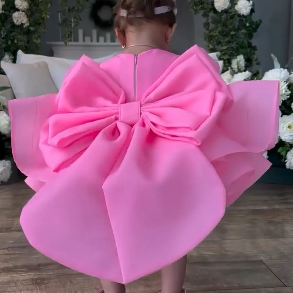 Big bow Baby birthday party puff sleeve tail cute girl princess dress can customizable colors