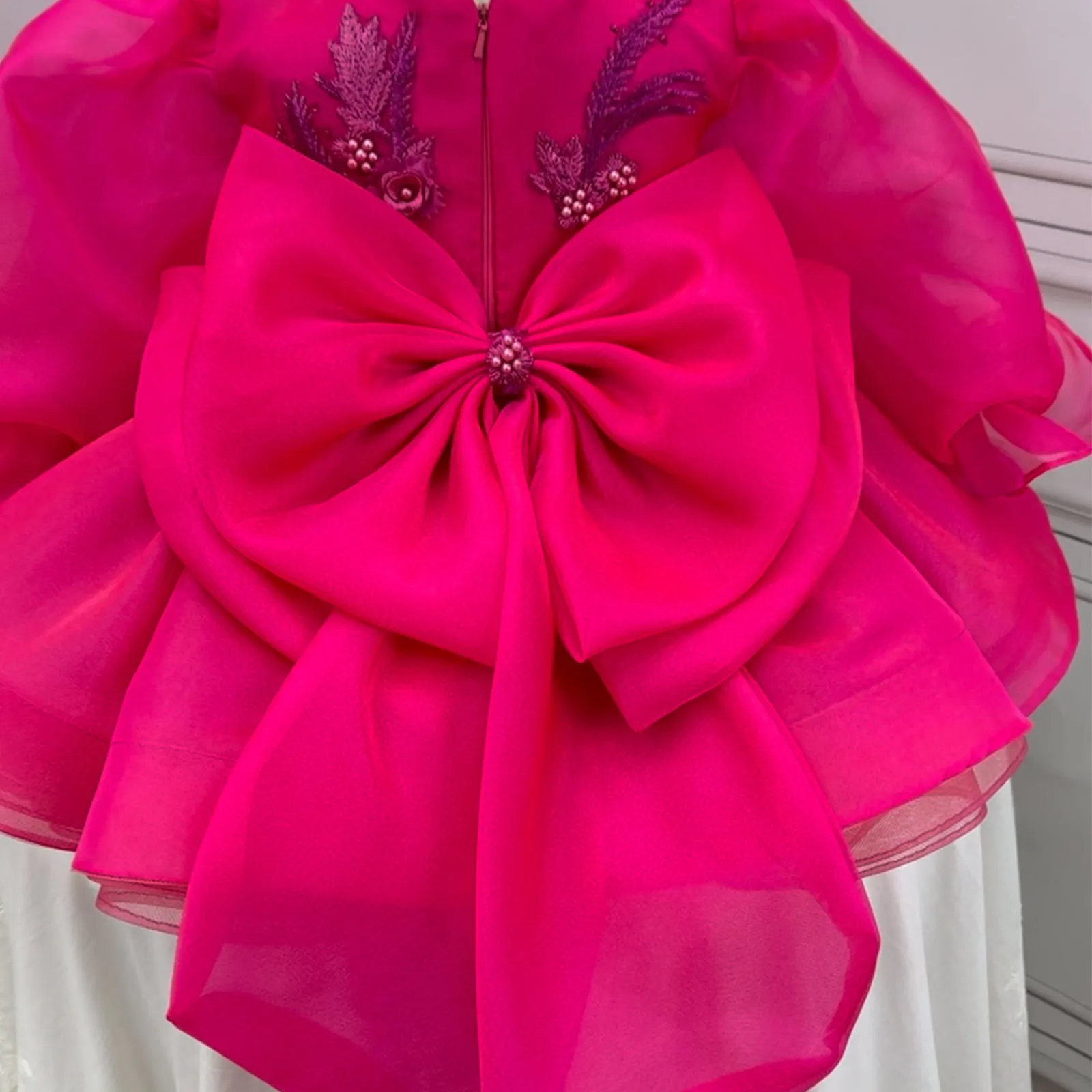 Big bow Baby first birthday party puff sleeve tail cute girl princess dress
