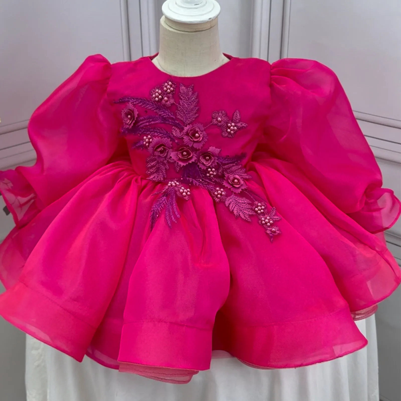 Big bow Baby first birthday party puff sleeve tail cute girl princess dress
