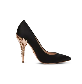 Black Satin Eden Heels with Rose Gold Leaves