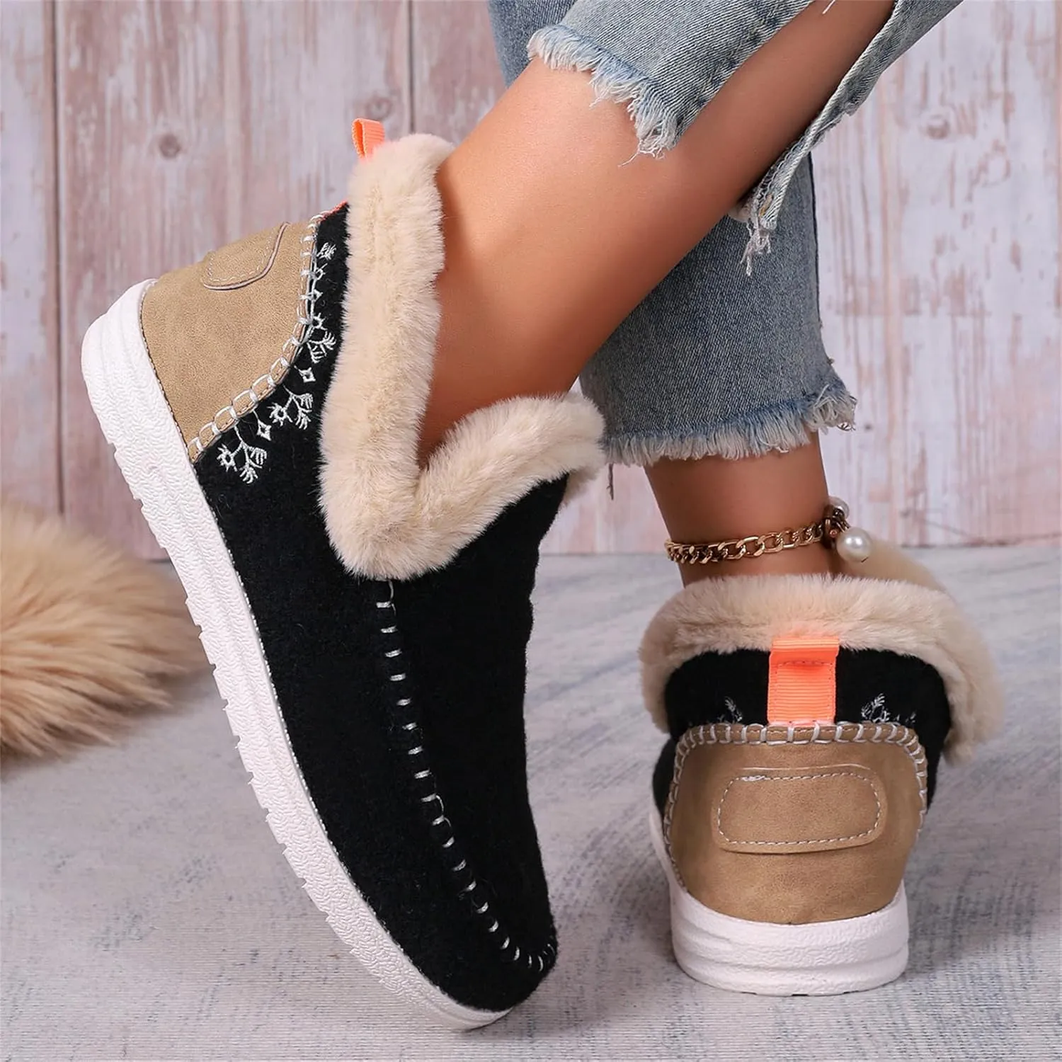 Booties For Women 2024 Winter Snow Boots Slip on Fur Lined Cold Weather Warm Ankle Booties Comfortable Loafers Shoes