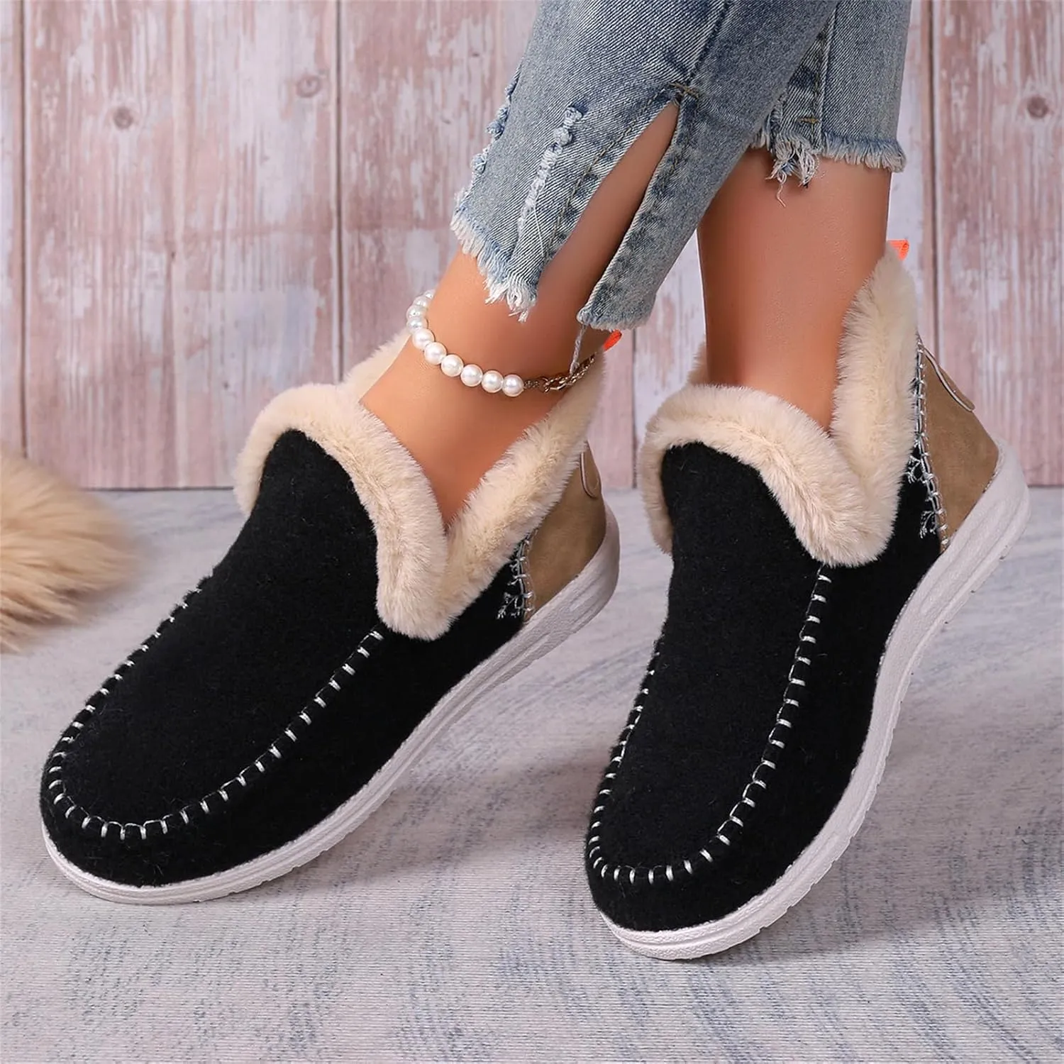 Booties For Women 2024 Winter Snow Boots Slip on Fur Lined Cold Weather Warm Ankle Booties Comfortable Loafers Shoes