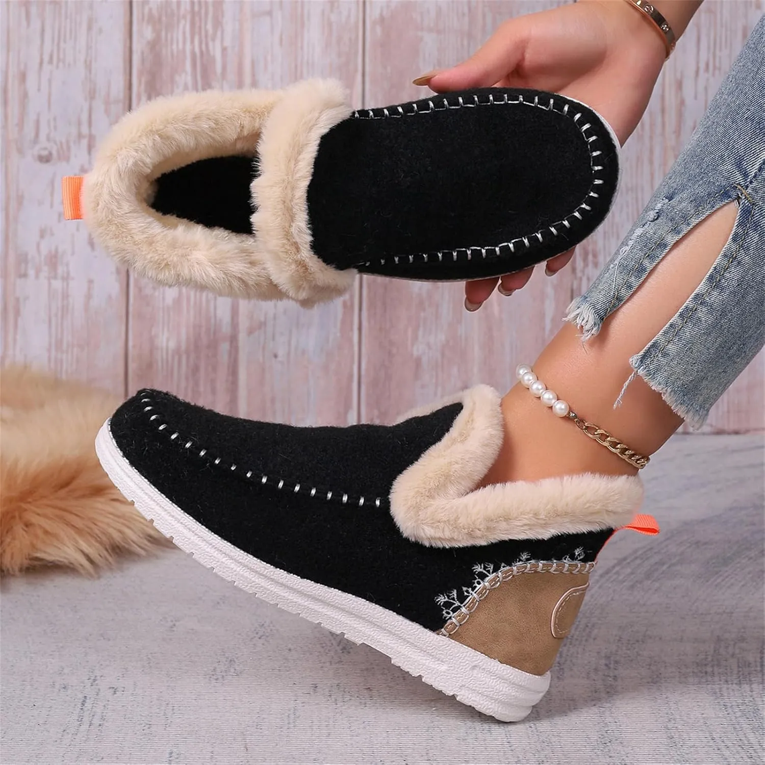 Booties For Women 2024 Winter Snow Boots Slip on Fur Lined Cold Weather Warm Ankle Booties Comfortable Loafers Shoes