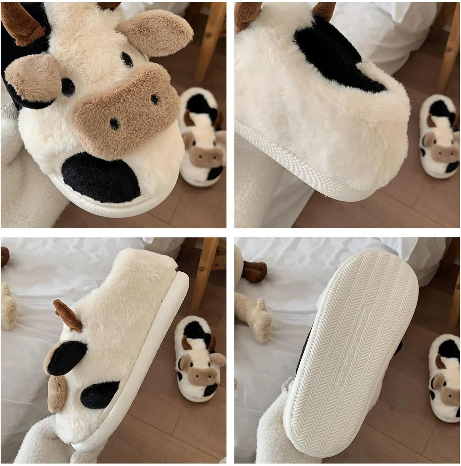Cute Fuzzy Cow Slippers for Women, Cartoon Plush Warm Cow Slippers for Girls Funny, Novelty and Soft Cotton Slippers, Women's Winter House Slippers Suitable for Indoor Bedroom Dormitory