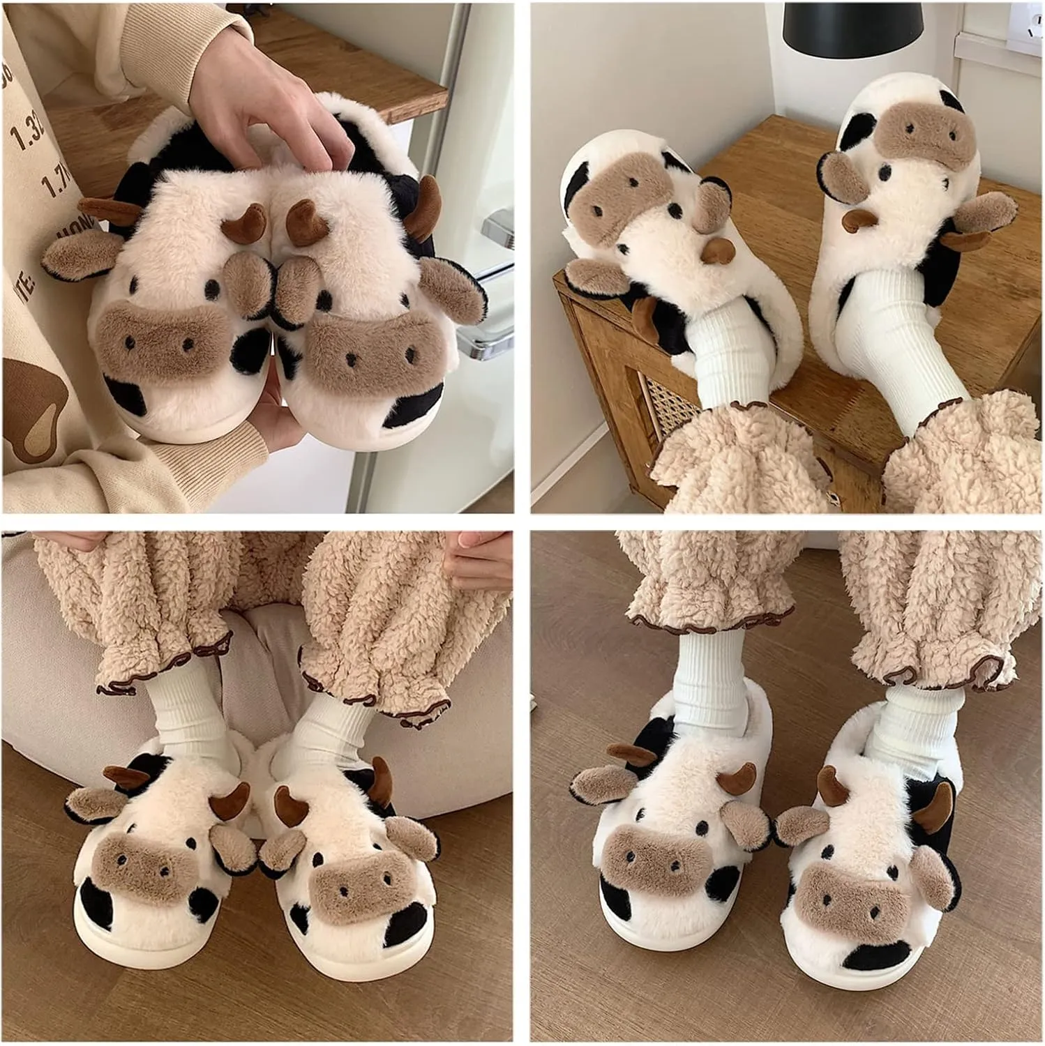 Cute Fuzzy Cow Slippers for Women, Cartoon Plush Warm Cow Slippers for Girls Funny, Novelty and Soft Cotton Slippers, Women's Winter House Slippers Suitable for Indoor Bedroom Dormitory