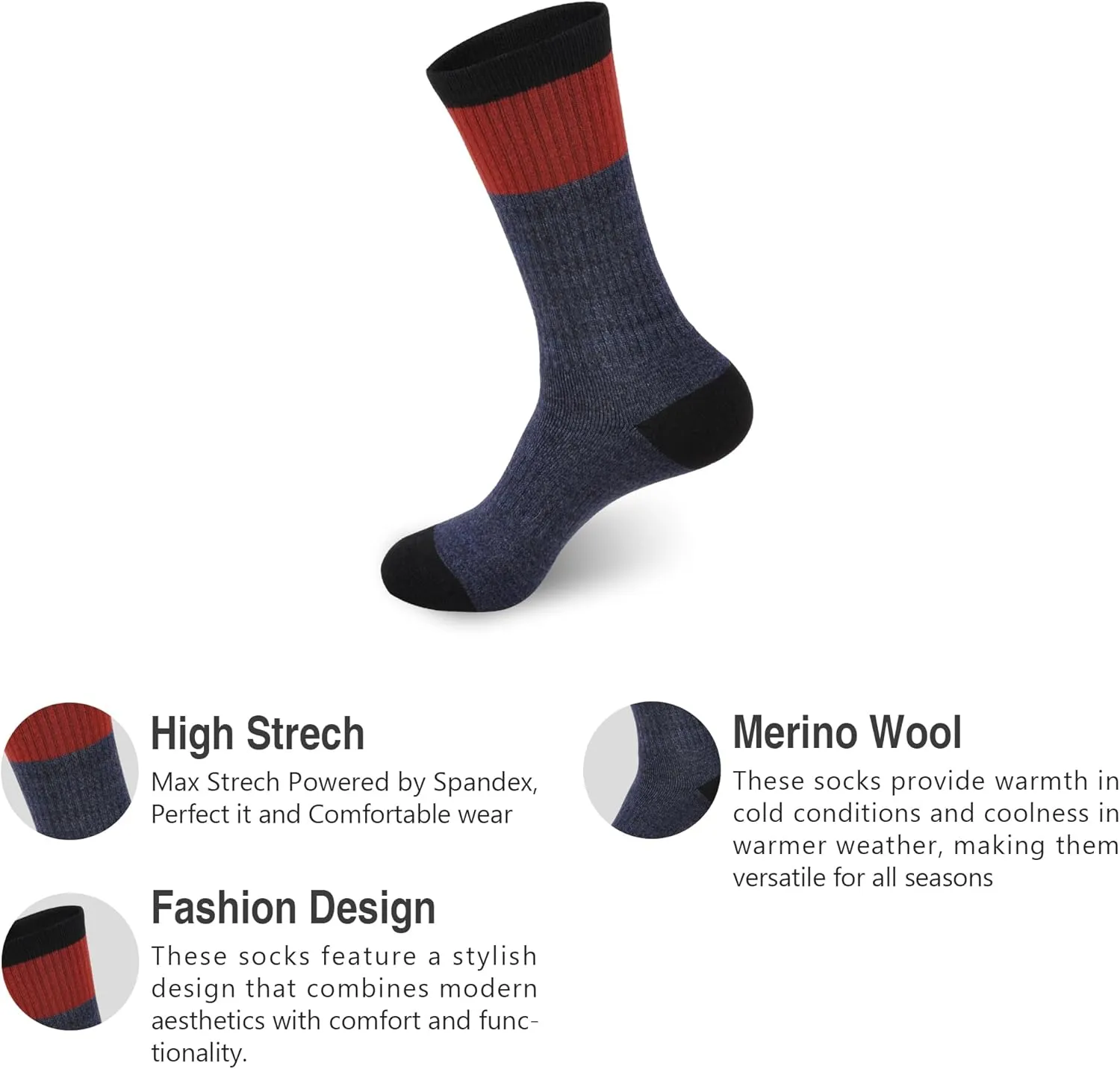 GKX Men's Merino Wool Moisture Wicking Outdoor Hiking Trekking Work Cushion Crew Socks 9-11,10-13