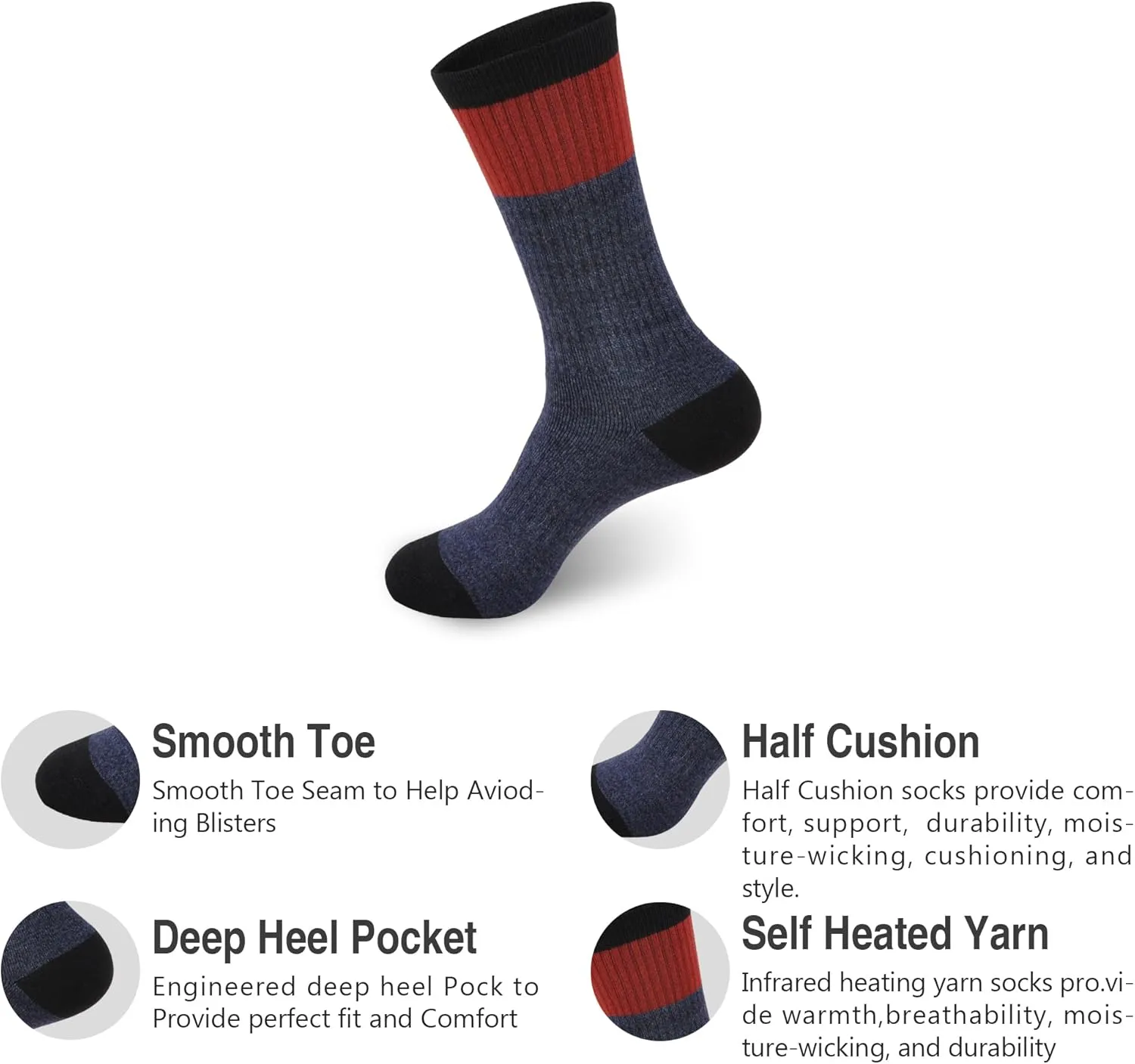 GKX Men's Merino Wool Moisture Wicking Outdoor Hiking Trekking Work Cushion Crew Socks 9-11,10-13