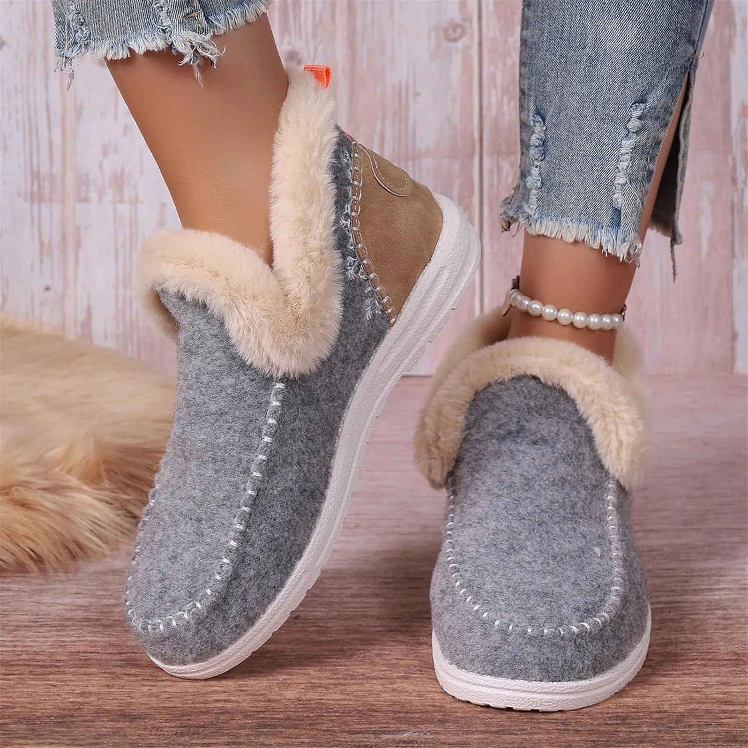 Lausiuoe Boots For Women Ankle Booties Warm Snow Boots Winter Shoes Fur Lining Short Booties Casual Fashion Loafers Shoes