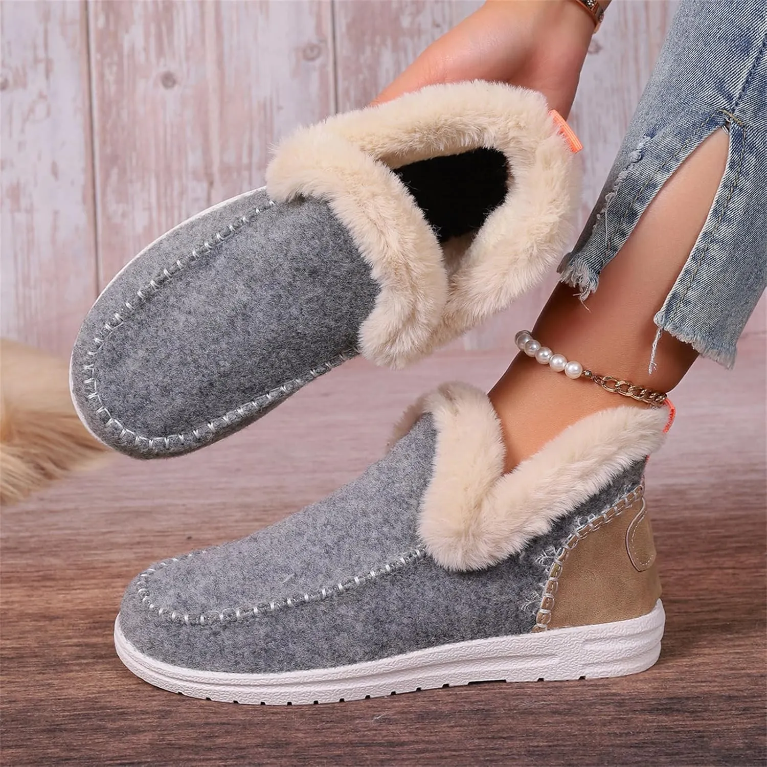 Lausiuoe Boots For Women Ankle Booties Warm Snow Boots Winter Shoes Fur Lining Short Booties Casual Fashion Loafers Shoes