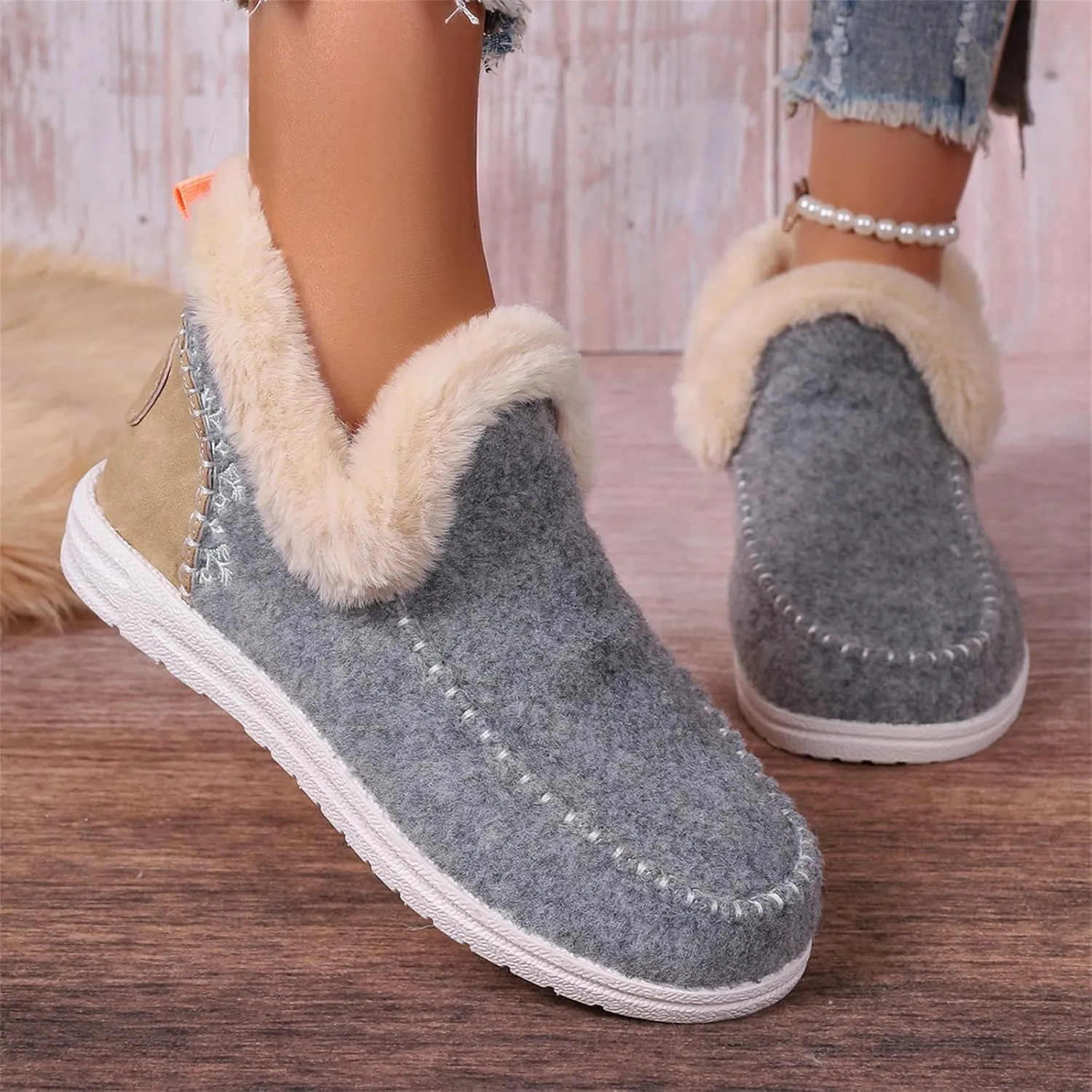 Lausiuoe Boots For Women Ankle Booties Warm Snow Boots Winter Shoes Fur Lining Short Booties Casual Fashion Loafers Shoes