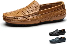 Lymphvity Men's Hollow Breathable Soft Loafers,Fashion Slip On Driving Shoes Leather Walking Boat Shoes Casual Moccasins Driving Sandals