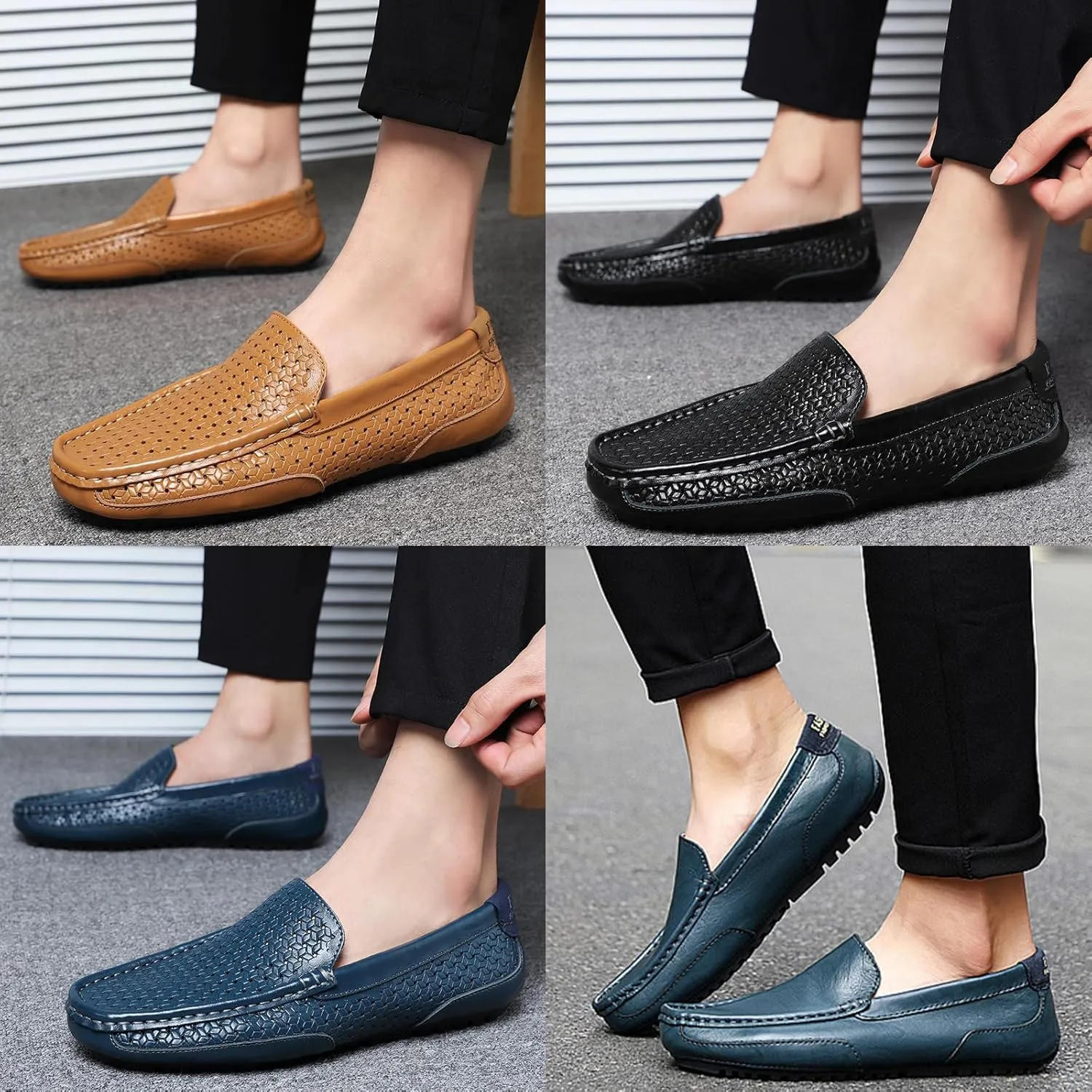 Lymphvity Men's Hollow Breathable Soft Loafers,Fashion Slip On Driving Shoes Leather Walking Boat Shoes Casual Moccasins Driving Sandals