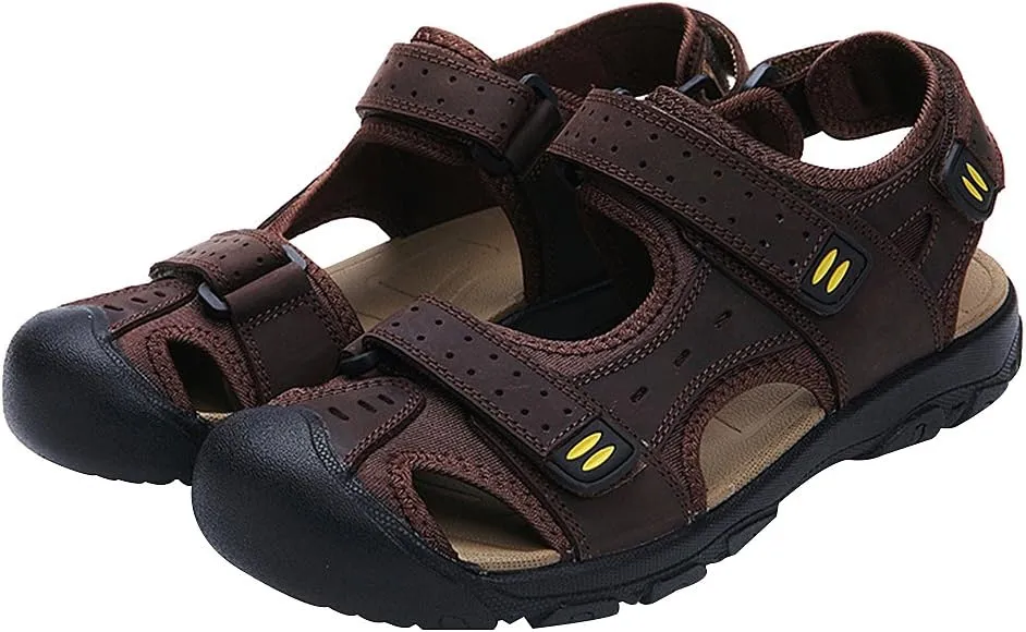 Men's Closed-toe Hook&Loop Leather Outdoor Trekking Sports Sandals Shoes