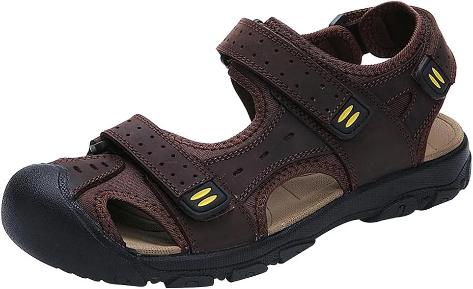 Men's Closed-toe Hook&Loop Leather Outdoor Trekking Sports Sandals Shoes