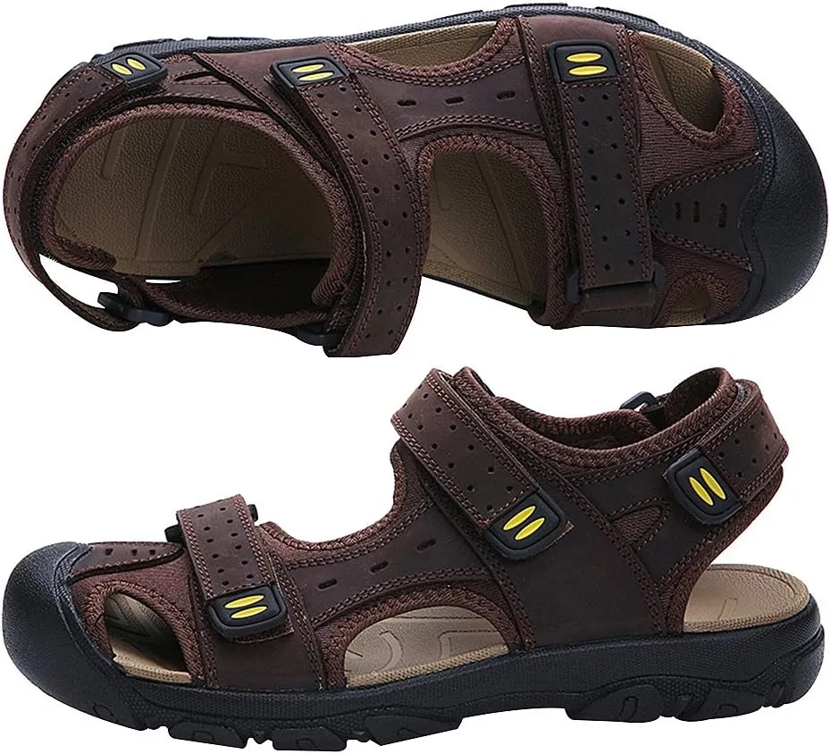 Men's Closed-toe Hook&Loop Leather Outdoor Trekking Sports Sandals Shoes