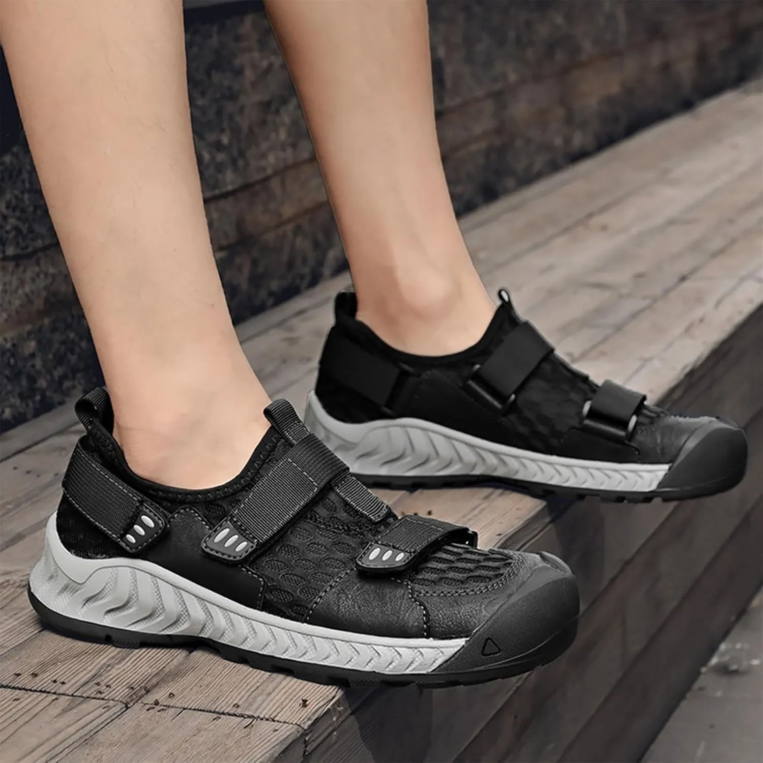Mens Mesh Breathable Platform Wear-Resistant Hiking Sport Shoes Wide Toe Hook Loop Anti-Collision Non-Slip Lightweight Sneakers Outdoor Casual Trailing Trekking Camping Walking Shoes