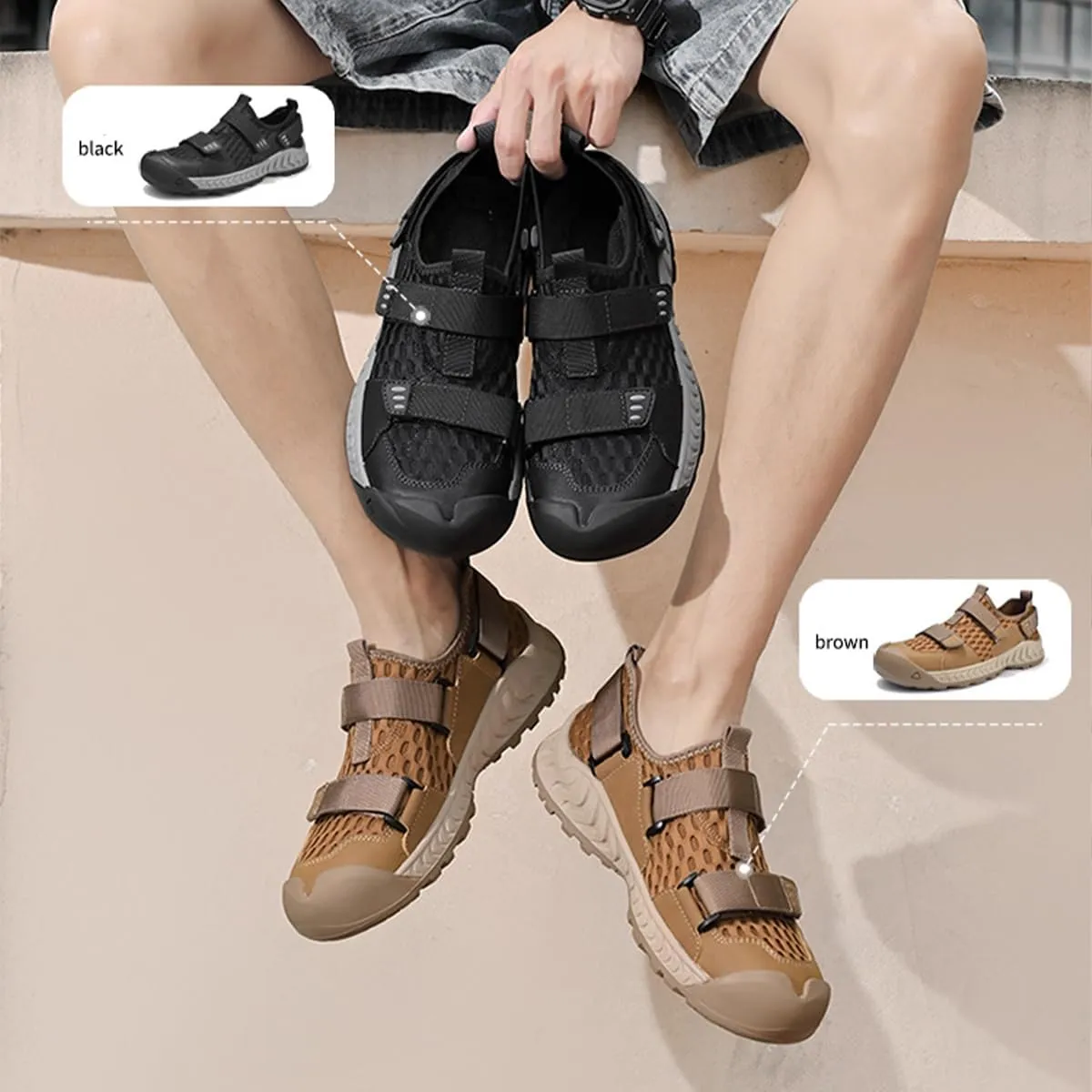 Mens Mesh Breathable Platform Wear-Resistant Hiking Sport Shoes Wide Toe Hook Loop Anti-Collision Non-Slip Lightweight Sneakers Outdoor Casual Trailing Trekking Camping Walking Shoes