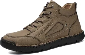 PURCHAWEE Men's Leather High Top Hiking Shoes Chukka Boots,Hand Sewing Non-Slip Good Arch Support Casual Outdoor Work Trekking Shoes