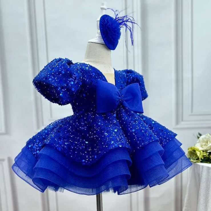 Sequin puff sleeves fluffy tail birthday party girl princess dress