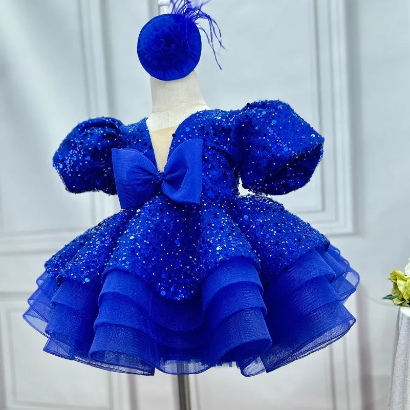Sequin puff sleeves fluffy tail birthday party girl princess dress