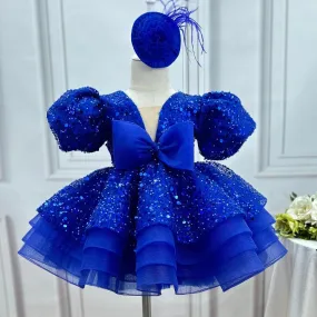Sequin puff sleeves fluffy tail birthday party girl princess dress