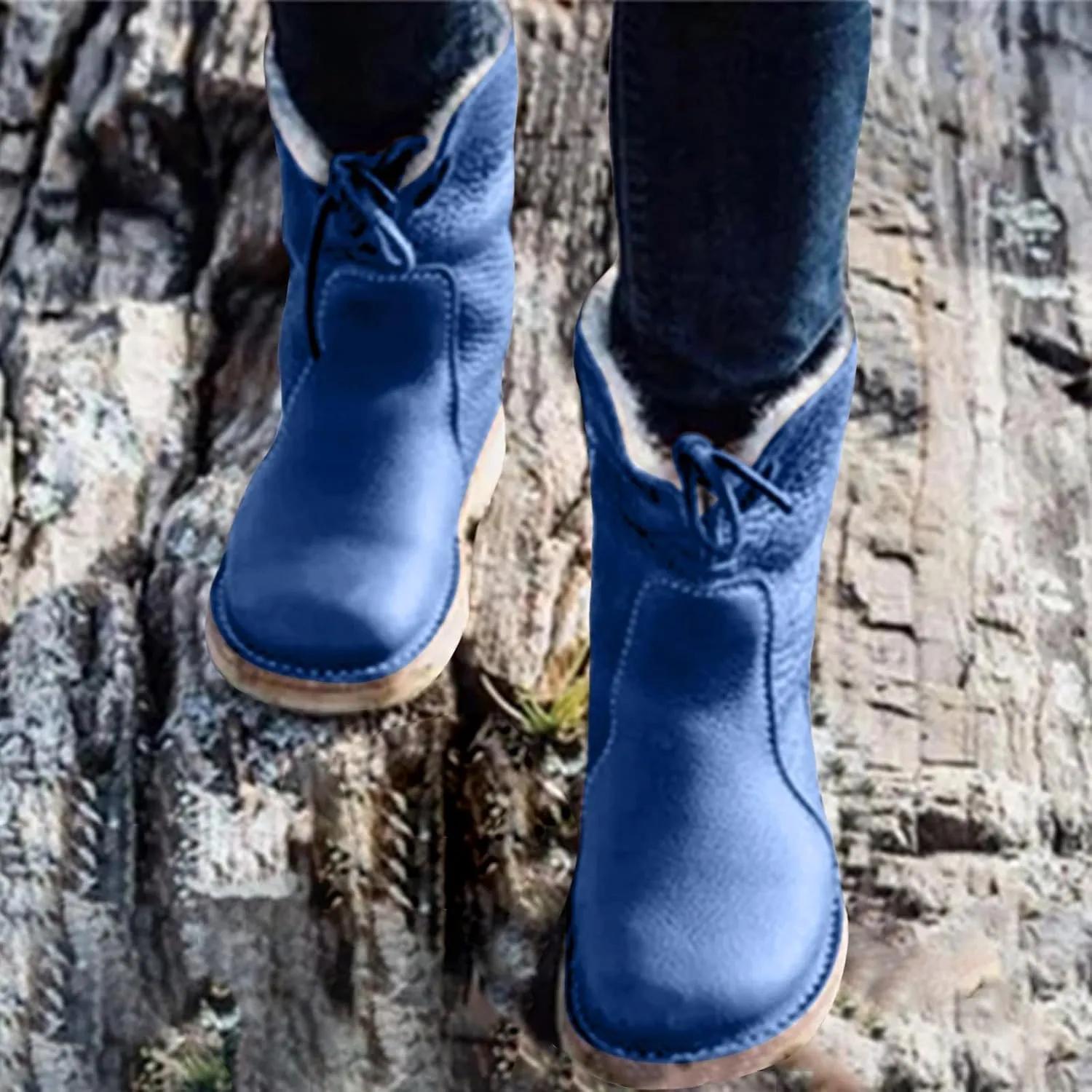 Waterproof Snow Boots for Women, Wide Width Ankle Boots Warm Insulated Faux Fur Lined Waterproof Lace Up Snow Boots Winter Fuzzy Snow Boots Short Ankle Boot with Fur Lined