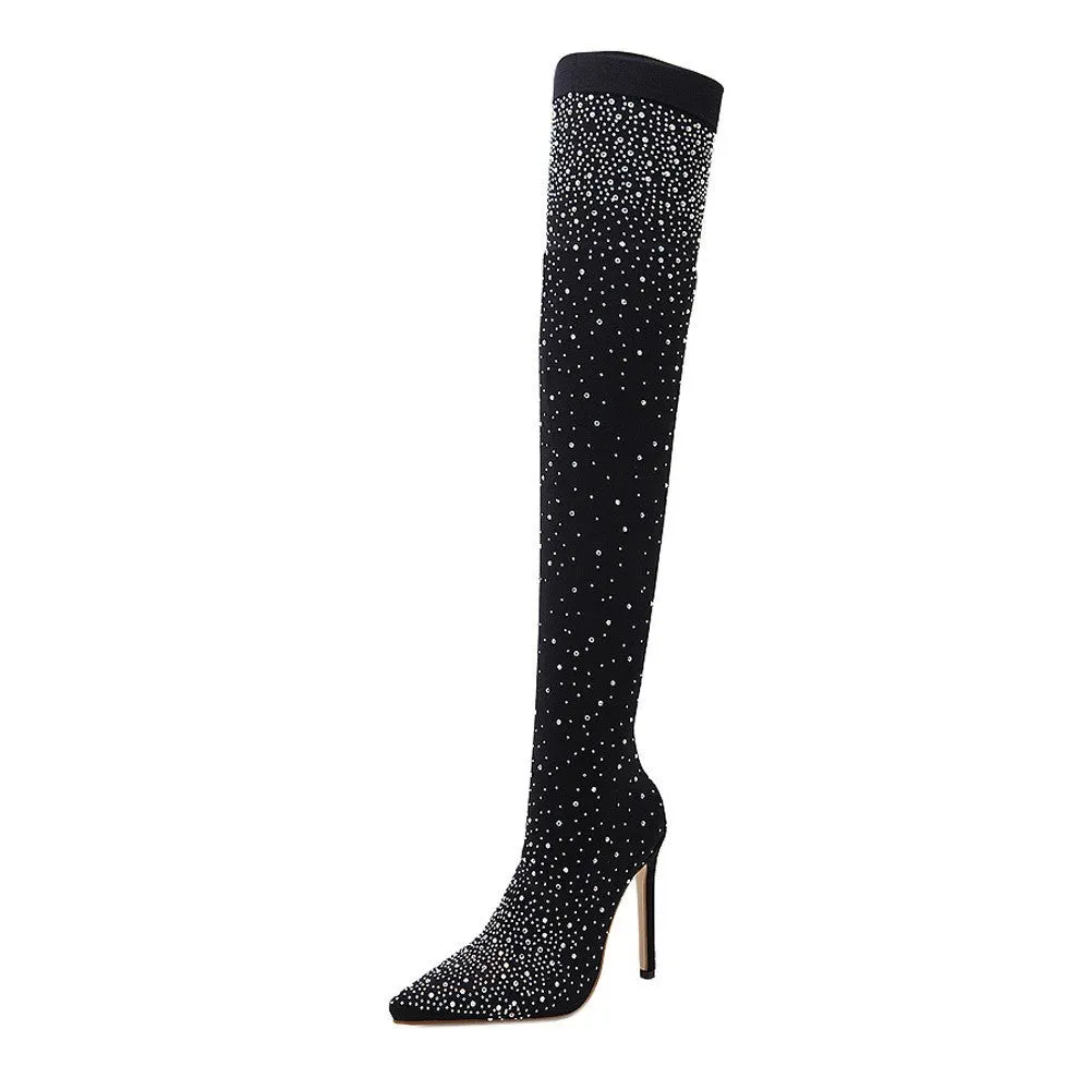 Women Sexy Drill Elastic Boots Pointed High Heels Stockings Over-The-Knee Boots