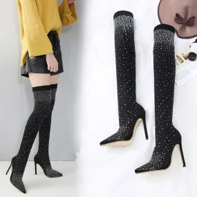 Women Sexy Drill Elastic Boots Pointed High Heels Stockings Over-The-Knee Boots