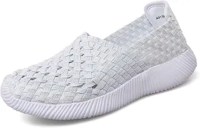 Women's Elastic Woven Walking Shoes Flats Slip on Sneakers Lightweight Walking Running Shoes