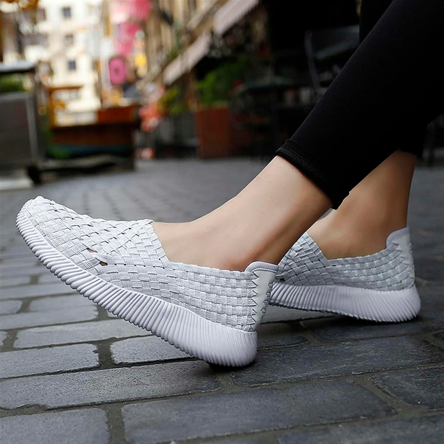 Women's Elastic Woven Walking Shoes Flats Slip on Sneakers Lightweight Walking Running Shoes